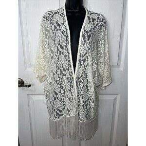 Mauve Lace Crocheted 3/4 Sleeve Size XL Fringed Bottom Open Front Cover-up